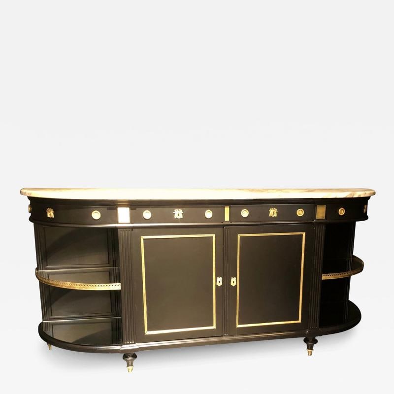 Jansen Hollywood Regency Sideboard, Console, Ebony w Marble Top and Bronze Deco: Title: Jansen Hollywood Regency Sideboard, Console, Ebony w Marble Top and Bronze Deco Title: Jansen Hollywood Regency Sideboard, Console, Ebony w Marble Top and Bronze Deco Description 1: Monumental 