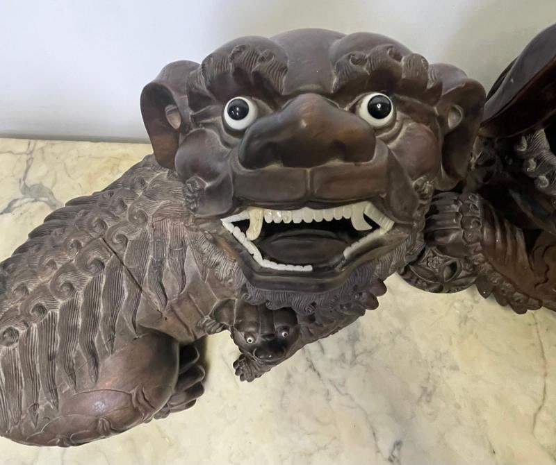 Pair of 18th/19th Century Solid Teak Foo Dogs, Opposing, Statuary, - 5