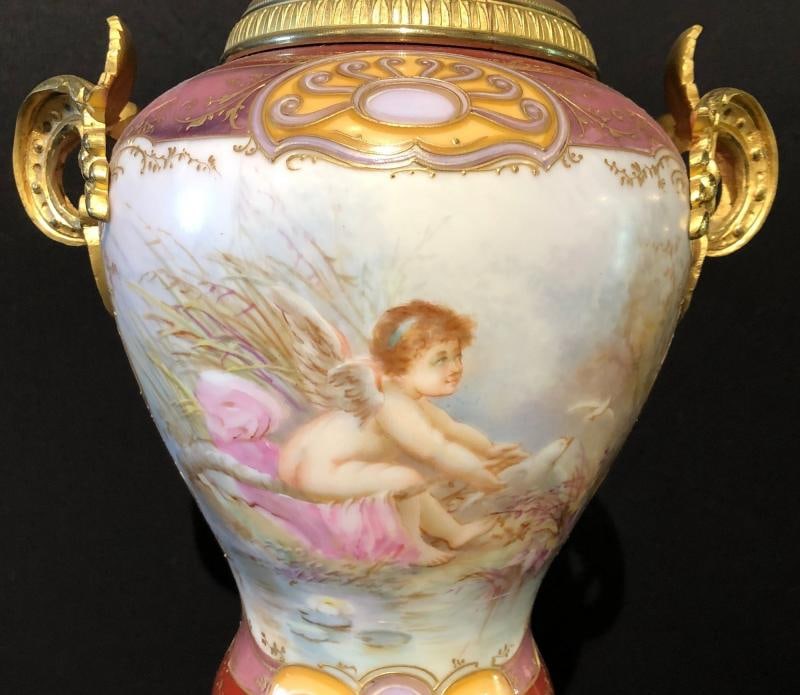 Sevres Spinning Urn Vase Having a Maiden & Cherub Painting Signed Lingaand - 9