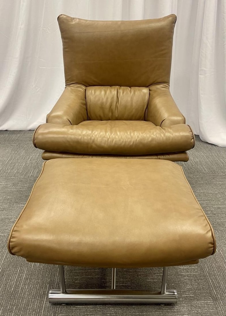 Vintage Leather Swivel, Lounge Chair With Ottoman, Percival Lafer Style, Steel - 2