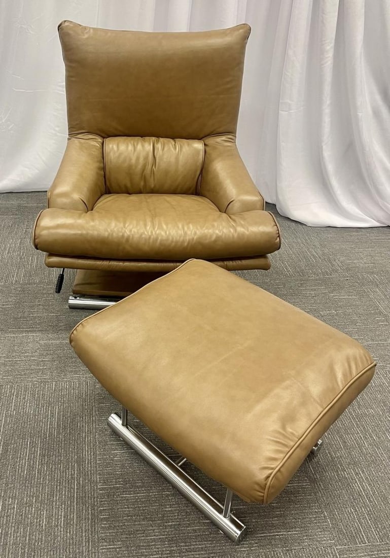 Vintage Leather Swivel, Lounge Chair With Ottoman, Percival Lafer Style, Steel - 3