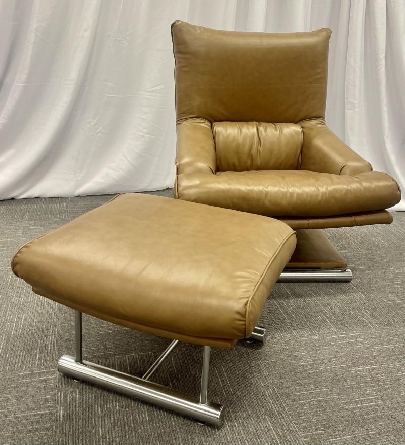 Vintage Leather Swivel, Lounge Chair With Ottoman, Percival Lafer Style, Steel - 5