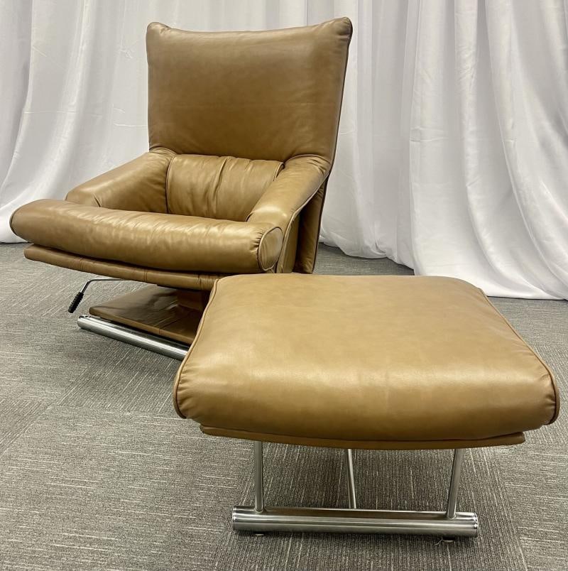 Vintage Leather Swivel, Lounge Chair With Ottoman, Percival Lafer Style, Steel - 6