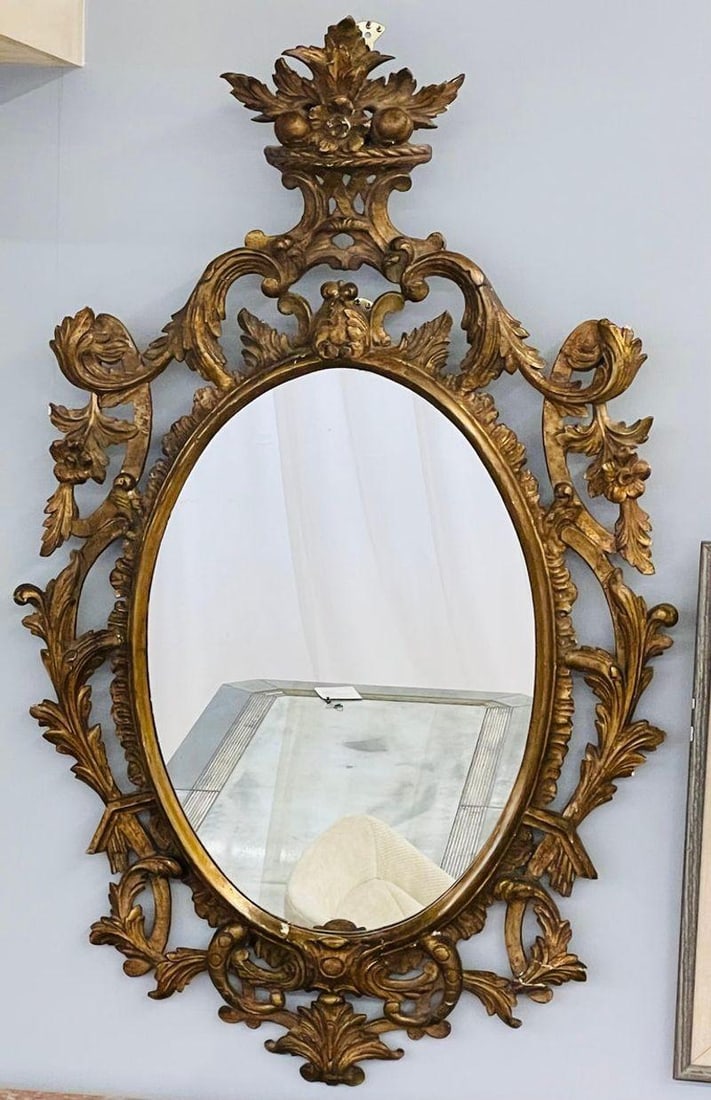 Single Giltwood Italian Floral Motif Mirror, Wall / Console / Pier, Italy, 1960s - 3