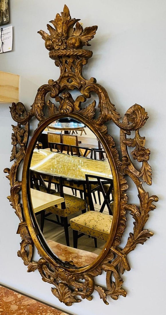 Single Giltwood Italian Floral Motif Mirror, Wall / Console / Pier, Italy, 1960s - 6