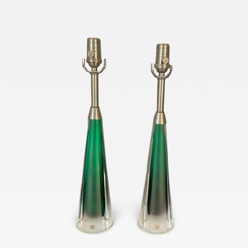 Pair of Swedish Mid-Century Modern Jade Green Kosta Lamps, Perfume Bottle Shape: Title: Pair of Swedish Mid-Century Modern Jade Green Kosta Lamps, Perfume Bottle Shape Title: Pair of Swedish Mid-Century Modern Jade Green Kosta Lamps, Perfume Bottle Shape Description 1: Pair of Swe