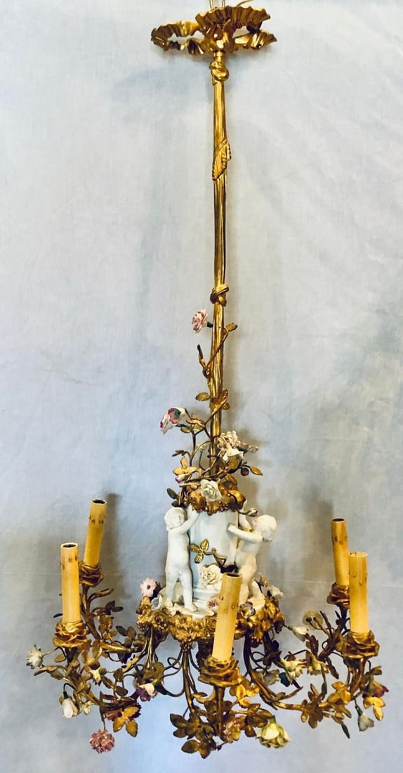19th Century Louis XVI Gilt Bronze Meissen and Sevres Parian Chandelier - 2