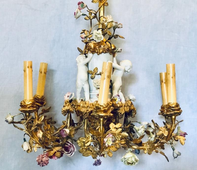 19th Century Louis XVI Gilt Bronze Meissen and Sevres Parian Chandelier - 3