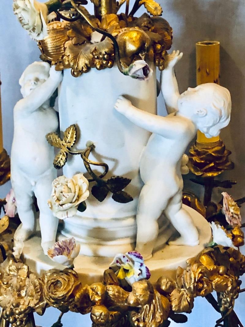 19th Century Louis XVI Gilt Bronze Meissen and Sevres Parian Chandelier - 7