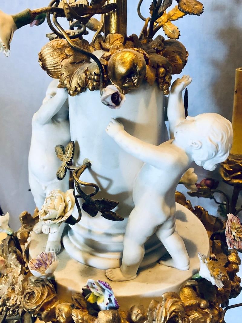 19th Century Louis XVI Gilt Bronze Meissen and Sevres Parian Chandelier - 8