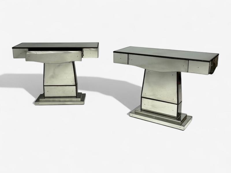 Art Deco Style, Mirrored Console Tables, Painted Wood, Distressed Glass - 6