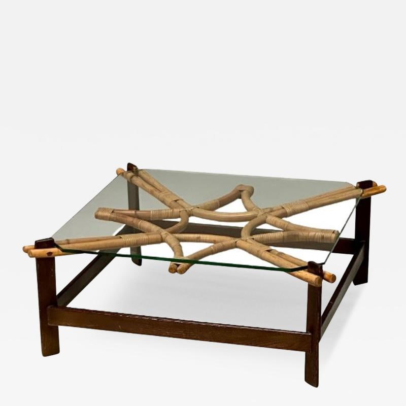 ISA, Italian Mid-Century Modern, Square Coffee Table, Wood, Bamboo, Cane, 1980s (1 of 11)