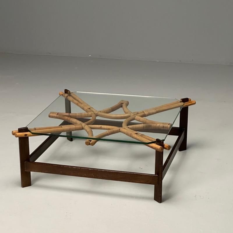 ISA, Italian Mid-Century Modern, Square Coffee Table, Wood, Bamboo, Cane, 1980s - 4
