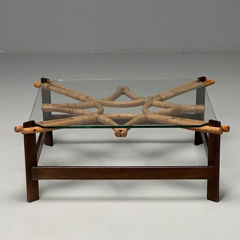 ISA, Italian Mid-Century Modern, Square Coffee Table, Wood, Bamboo, Cane, 1980s - 5