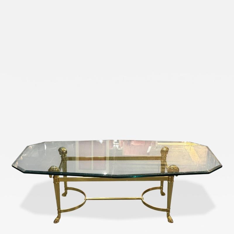 Jansen Octagon Glass Top Coffee Table, Solid Brass, Rama Head, Hollywood Regency - 2