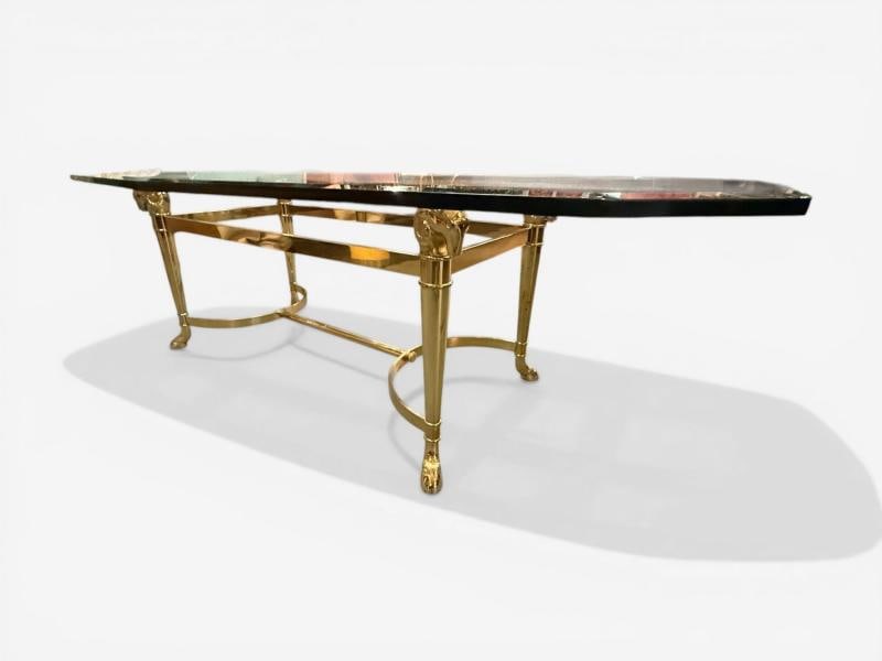 Jansen Octagon Glass Top Coffee Table, Solid Brass, Rama Head, Hollywood Regency - 3