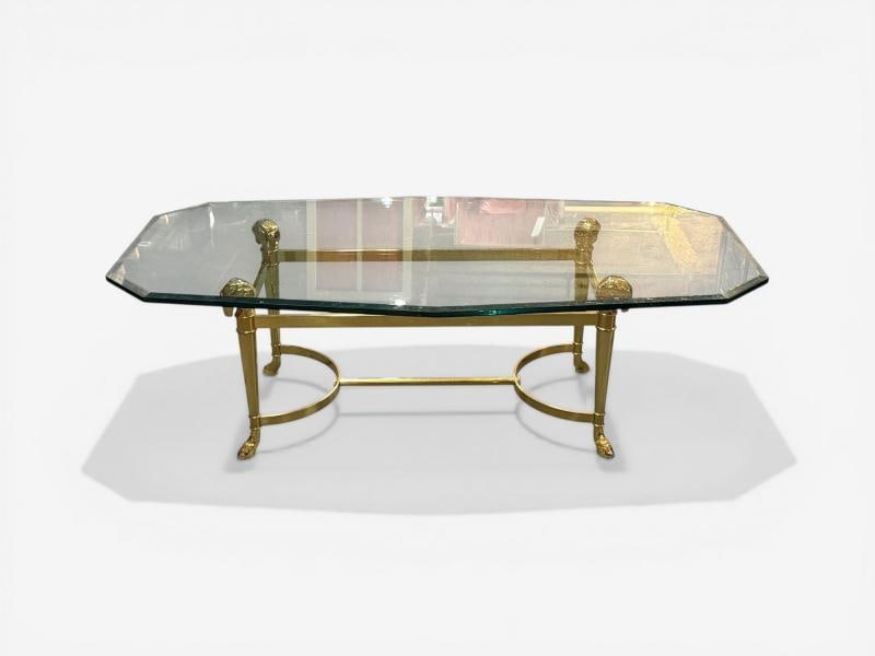 Jansen Octagon Glass Top Coffee Table, Solid Brass, Rama Head, Hollywood Regency - 6