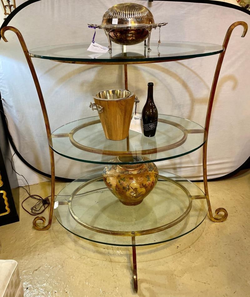 Three-Tier Tall Wide Glass and Gilt Metal Étagère Server Hollywood Regency Style - 2