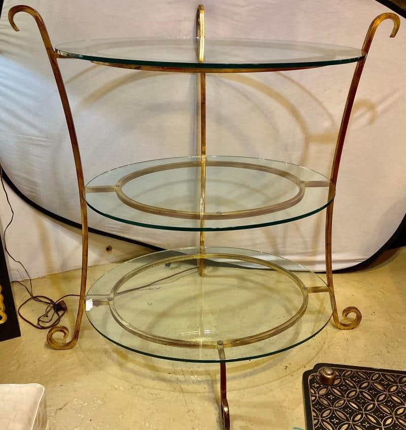 Three-Tier Tall Wide Glass and Gilt Metal Étagère Server Hollywood Regency Style - 8