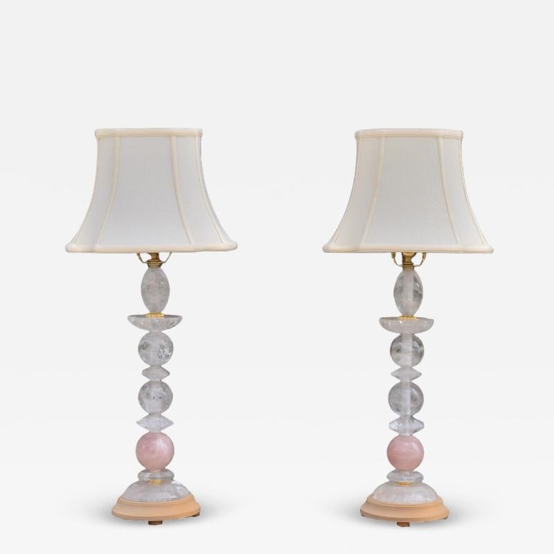 Art Deco Style, Pink Rock Crystal, Brass, Table Lamps, France, 1960s (1 of 8)