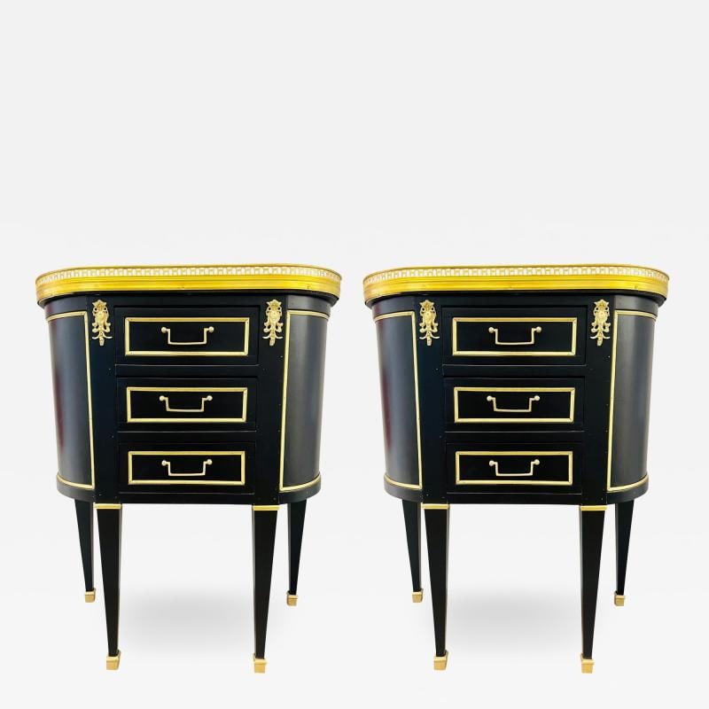 Pair of Jansen Inspired Marble-Top Galleried Ebonized End Tables / Nightstands: Title: Pair of Jansen Inspired Marble-Top Galleried Ebonized End Tables / Nightstands Title: Pair of Jansen Inspired Marble-Top Galleried Ebonized End Tables / Nightstands Description 1: Maison
