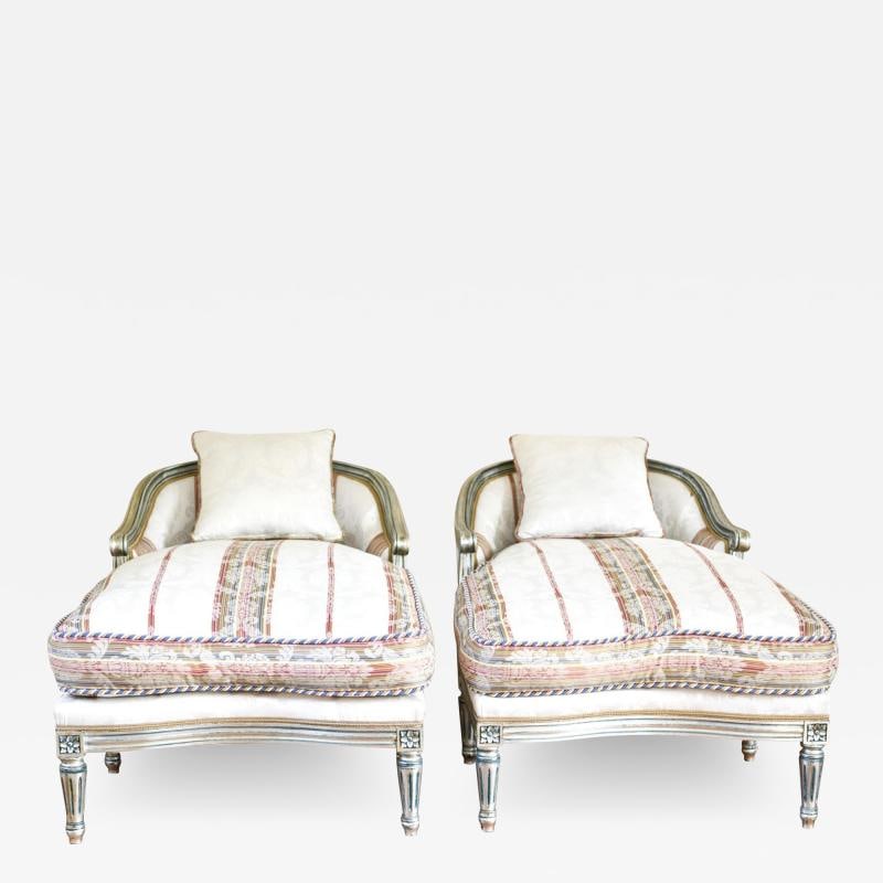 Hollywood Regency Louis XVI Chaise Lounges French Painted and Parcel Gilt Silver: Title: Hollywood Regency Louis XVI Chaise Lounges French Painted and Parcel Gilt Silver Title: Hollywood Regency Louis XVI Chaise Lounges French Painted and Parcel Gilt Silver Description 1: