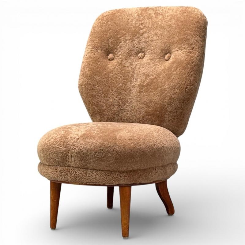 Swedish Modern, Slipper Chair, Brown Sheepskin, Birch, Sweden, 1950s - 12