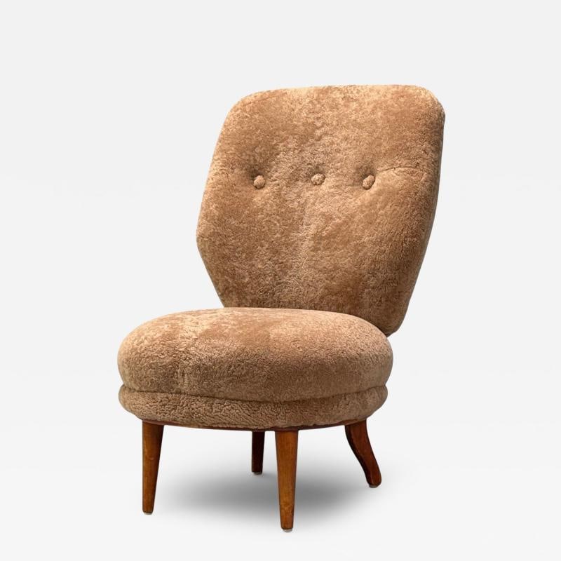 Swedish Modern, Slipper Chair, Brown Sheepskin, Birch, Sweden, 1950s - 2