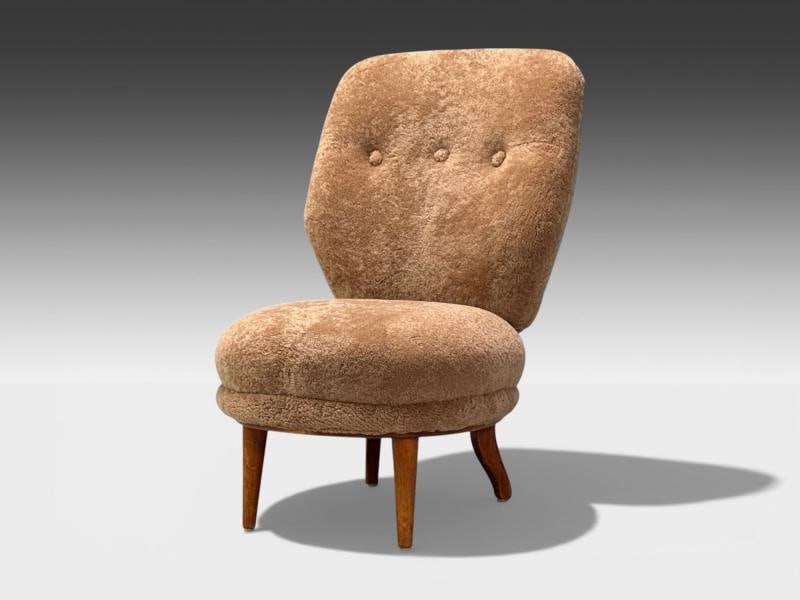 Swedish Modern, Slipper Chair, Brown Sheepskin, Birch, Sweden, 1950s - 4