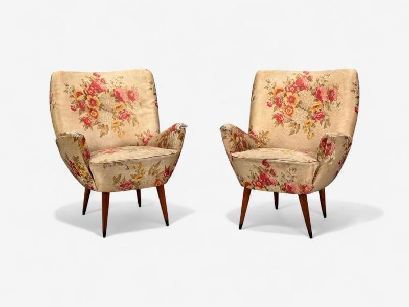 ISA Bergamo, Fabric, Wood, Brass, Organic Lounge Chairs, Italy, 1950s - 4