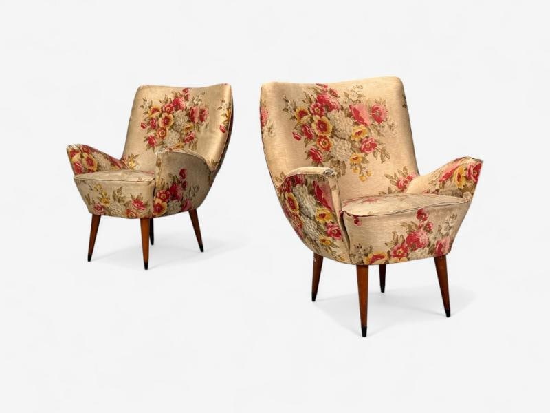 ISA Bergamo, Fabric, Wood, Brass, Organic Lounge Chairs, Italy, 1950s - 5