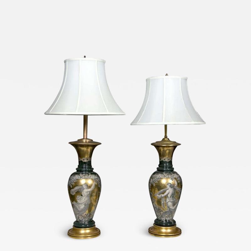 Pair Classical Design Table Lamps Urn Shape Form Reverse Glass Depicting Goddess (1 of 10)