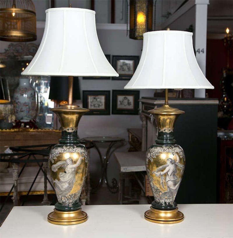 Pair Classical Design Table Lamps Urn Shape Form Reverse Glass Depicting Goddess - 3