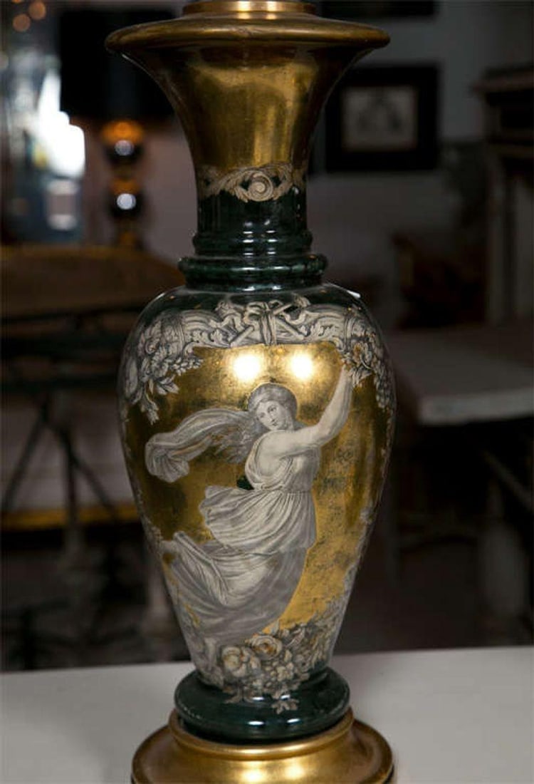 Pair Classical Design Table Lamps Urn Shape Form Reverse Glass Depicting Goddess - 6
