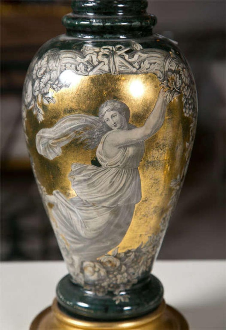 Pair Classical Design Table Lamps Urn Shape Form Reverse Glass Depicting Goddess - 7