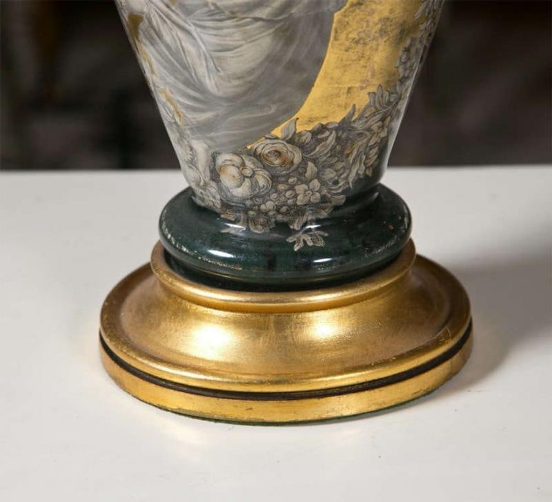 Pair Classical Design Table Lamps Urn Shape Form Reverse Glass Depicting Goddess - 8