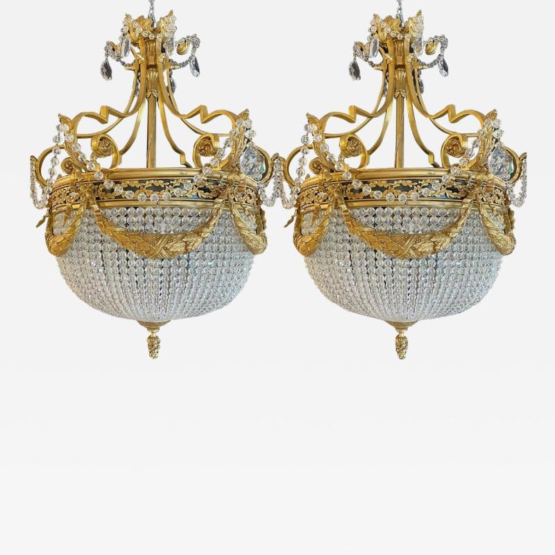A Pair of Gilt Bronze Louis XVI Style Ballroom Chandeliers, Crystal, Rewired - 2