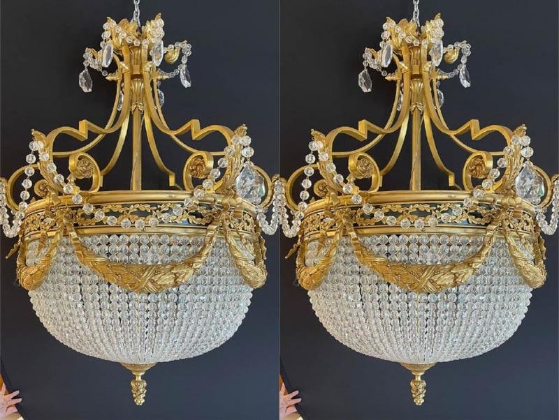 A Pair of Gilt Bronze Louis XVI Style Ballroom Chandeliers, Crystal, Rewired - 3