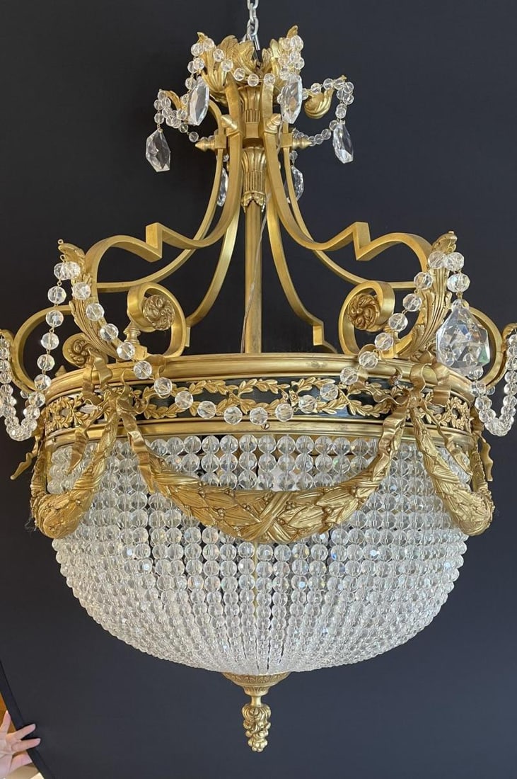 A Pair of Gilt Bronze Louis XVI Style Ballroom Chandeliers, Crystal, Rewired - 4