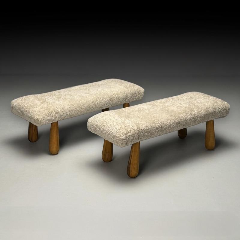 Contemporary, Danish Mid-Century Modern Style, Small Benches, Shearling, Maple - 10