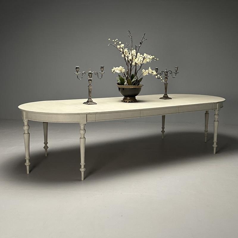Gustavian, Swedish Dining Table, Gray Paint Distressed, Sweden, 1970s - 2