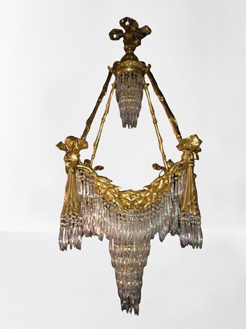 Doré Bronze Louis XVI Style Crystal Ribbon Tassel Drapery Chandelier - 3