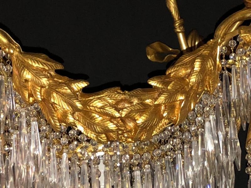 Doré Bronze Louis XVI Style Crystal Ribbon Tassel Drapery Chandelier - 4