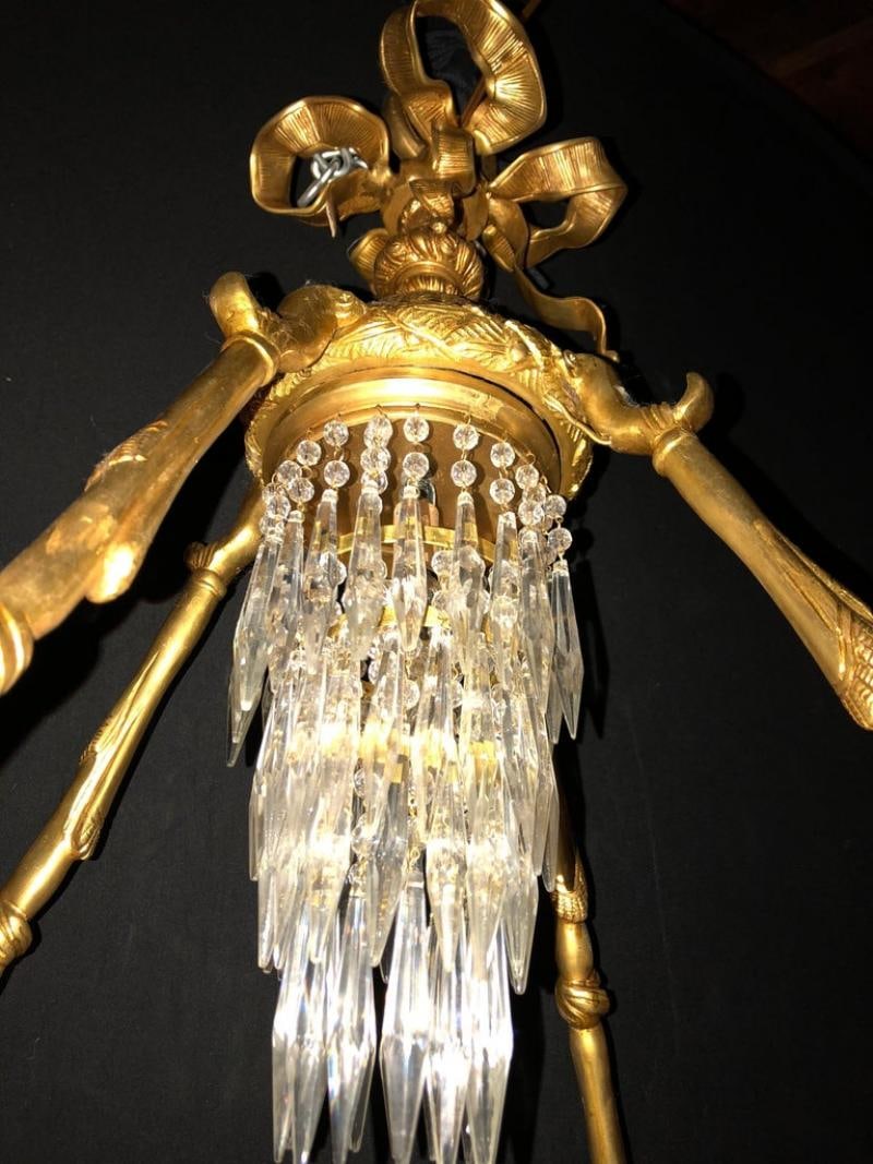 Doré Bronze Louis XVI Style Crystal Ribbon Tassel Drapery Chandelier - 7