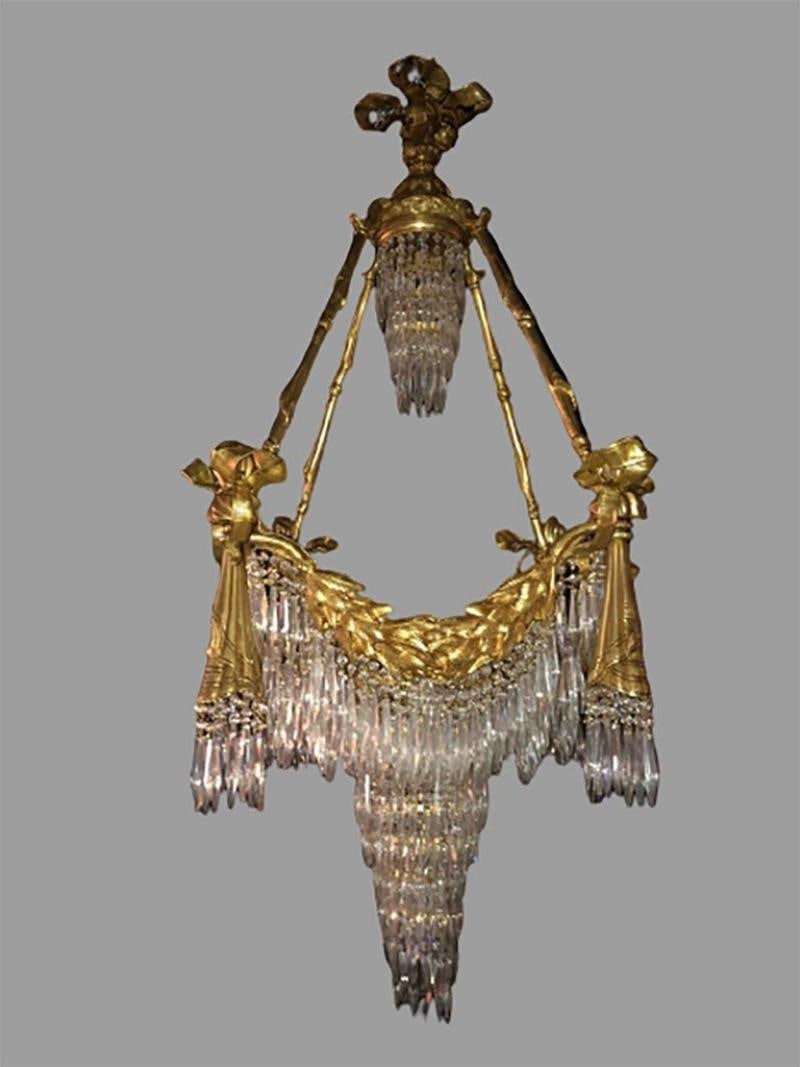 Doré Bronze Louis XVI Style Crystal Ribbon Tassel Drapery Chandelier - 9