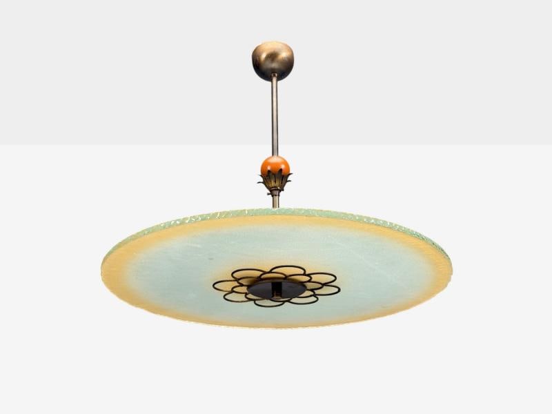 Swedish Modern, Pendant Light, Raw Glass, Wood, Sweden, 1940s - 2