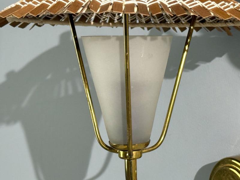 Valinte Oy, Wall Lights, Polished Brass, Frosted Glass, Rattan, Finland, 1950s - 5