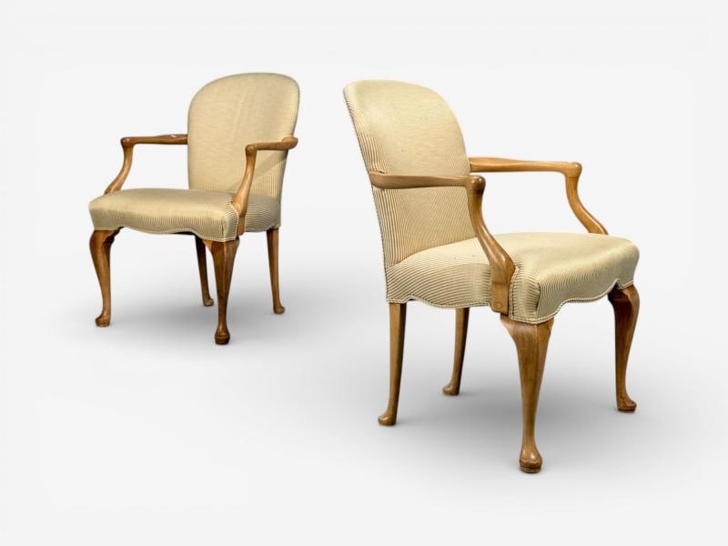 Queen Anne Style, Six Dining Chairs, Light Wood, Fabric, USA, 1940s - 12