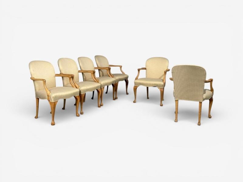 Queen Anne Style, Six Dining Chairs, Light Wood, Fabric, USA, 1940s - 13
