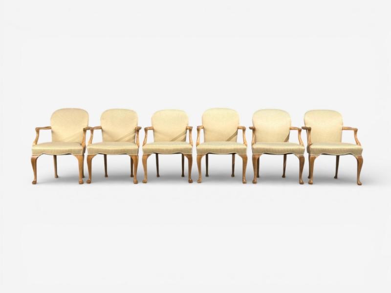 Queen Anne Style, Six Dining Chairs, Light Wood, Fabric, USA, 1940s - 4